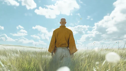 Quiet wanderer standing in sunlit meadow under soft clouds.