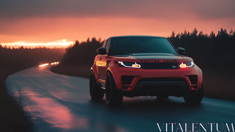 Sunset-lit SUV on wet rural road shows dynamic reflective lighting
