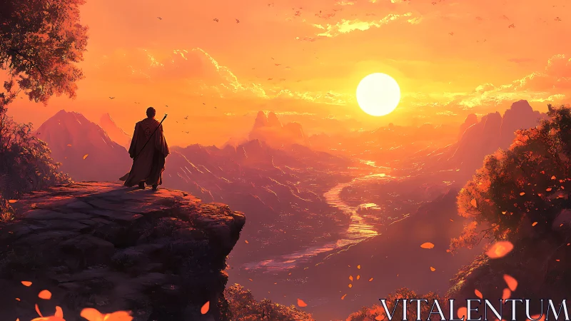 Lone traveler watches blazing sunset over vast valley.