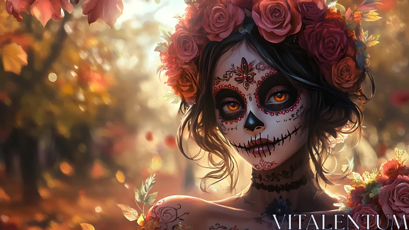 Autumn D&iacute;a de los Muertos muse in glowing rose finery.