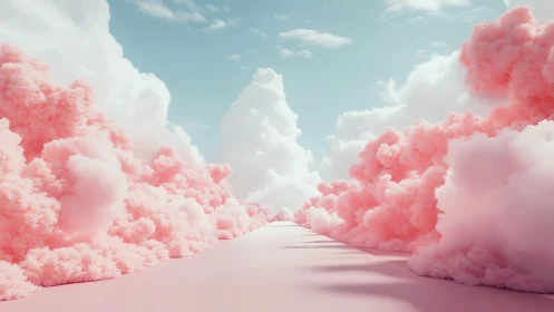 Dreamy pink cloud corridor stretches into a tranquil sky