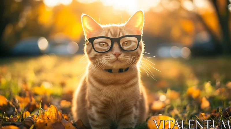 Domestic feline with eyewear in sunlit outdoor setting.