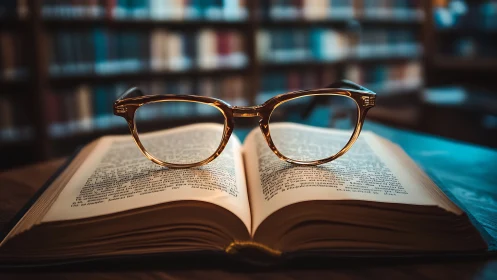 Glasses rest on an open book in a softly lit library evening