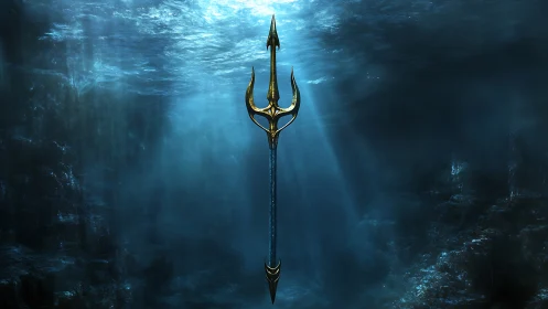 Golden trident suspended in deep blue underwater scene.
