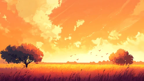 Sunlit grassland glows beneath vivid orange sunset sky