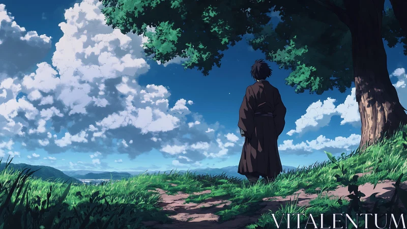 Solitary wanderer studies a sky stitched with wandering clouds