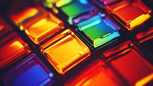 Chromatic glass grid with luminous beveled modules in 3D.