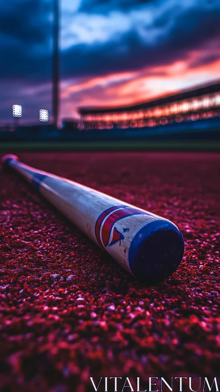 Baseball bat rests on vivid red turf under stadium sunset