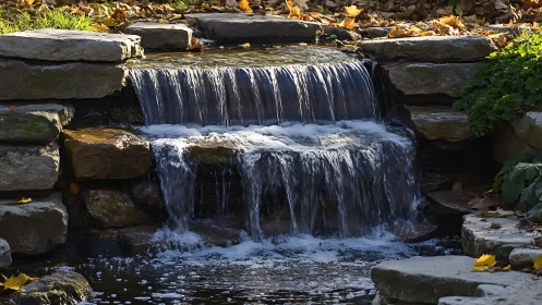Small garden waterfall pours over stone ledge into pool