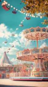 Swing carousel spins above colorful outdoor amusement park
