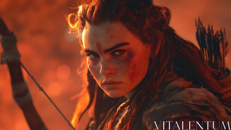 Warrior huntress stares down the horizon in fiery dusk light.