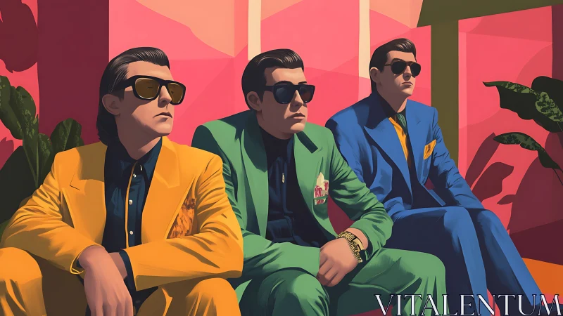 Triadic suited men in saturated modernist courtyard scene