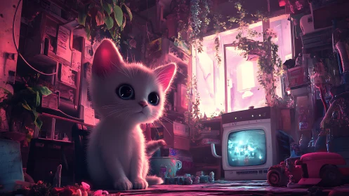 White kitten sits in neon lit cluttered room with old TV