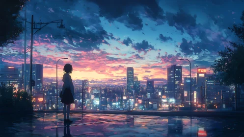 Solitary figure observing illuminated city at dusk skyline.