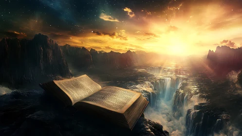 Large open book on rocky plateau facing luminous horizon.