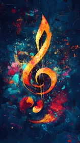 Treble clef symbol in abstract multicolored digital artwork.
