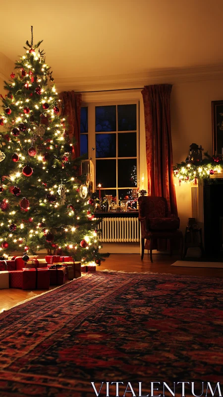 Interior living room displays illuminated Christmas tree scene