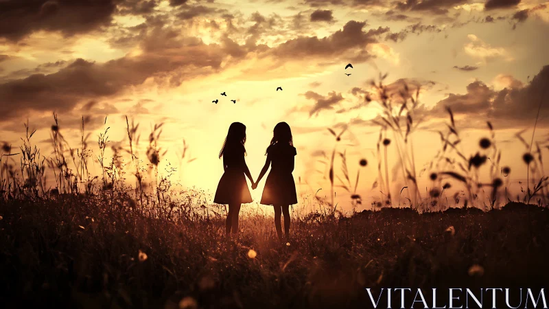 Silhouetted Children Holding Hands in Golden Field.