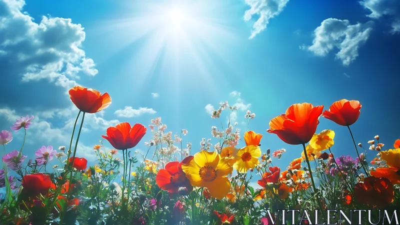 Wildflower choir basking in sunlit skyburst glory.