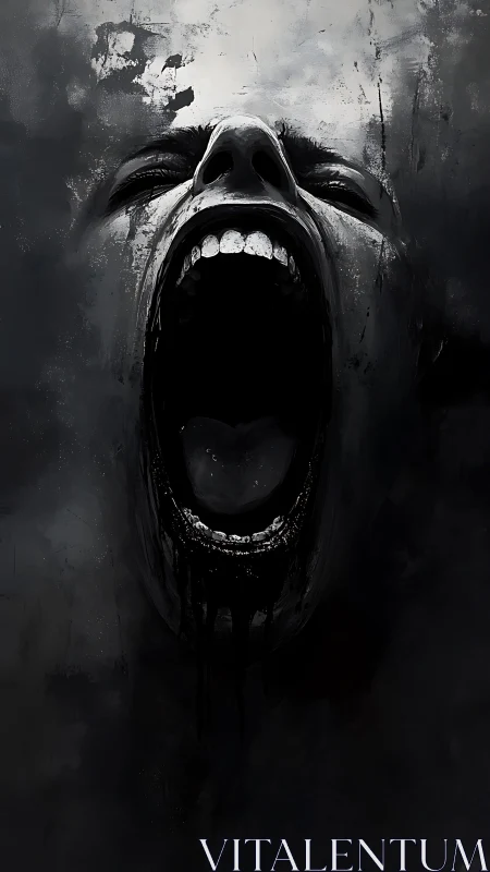 Monochrome cranial scream with dissolving facial structure.