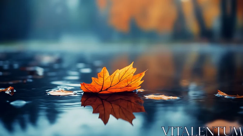 Solitary autumn leaf sails softly across mirrored rainwater