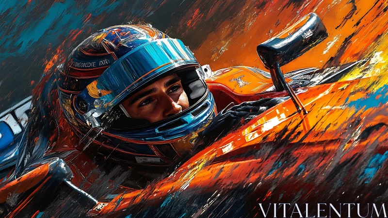 Dynamic close-up digital painting of racing driver in cockpit