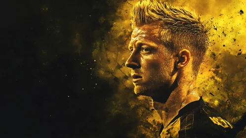 Gold-lit football portrait ignites against splattered night.