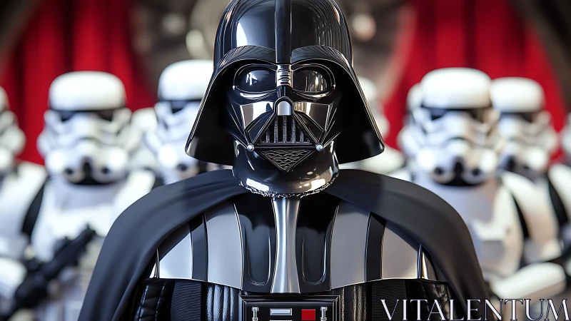Darth Vader with stormtroopers in formation, frontal view.