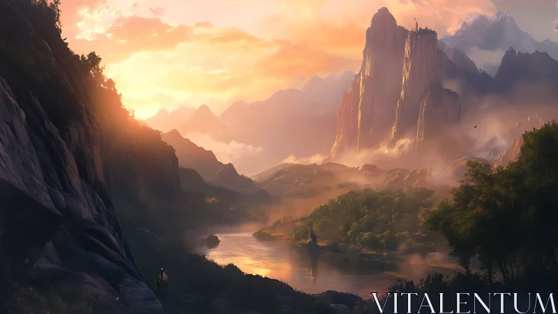 Sunlit fantasy valley with misted river and towering cliffs.