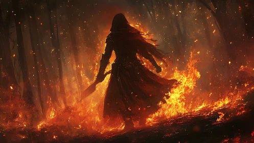 Hooded emberwalker strides through a burning forest dusk.