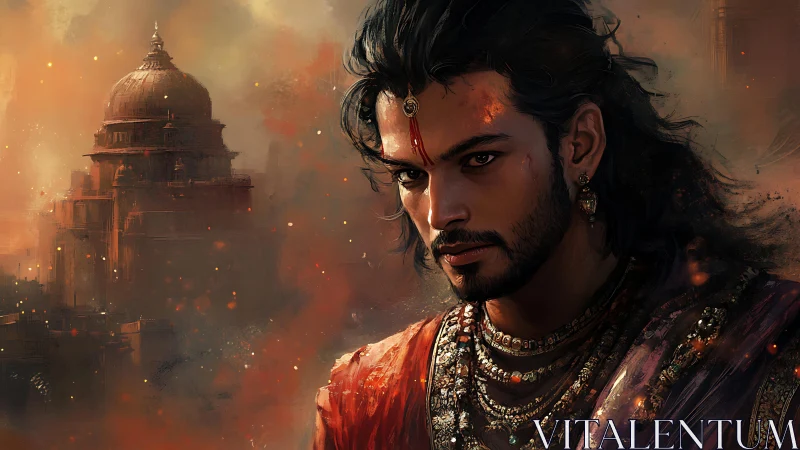 Warrior prince in ornate jewelry before burning palace.