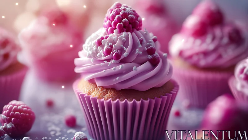 Cupcake with pink frosting and raspberry garnish rendered.
