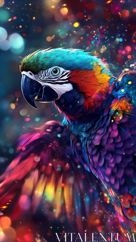 High-saturation digital parrot portrait with bokeh particle field