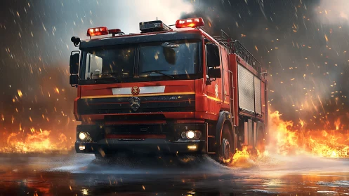 Fire Truck Battling Inferno Through Rain And Flames.