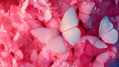 Pale luminous butterflies glide over saturated pink petals