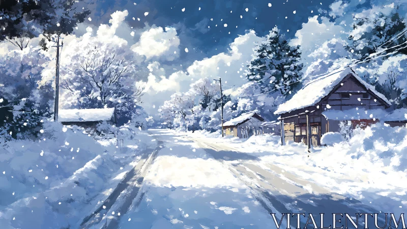 Snowy village road basks in crisp winter morning light.