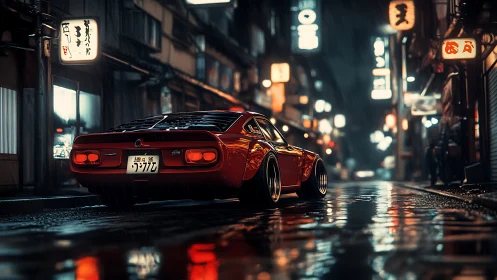 Classic red street racer glowing in a rainy neon night.