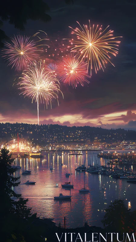 Firework constellations bloom above a twilight harbor dream