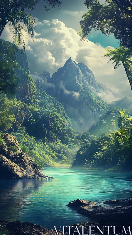 Digital painting of misty jungle peaks above turquoise river.