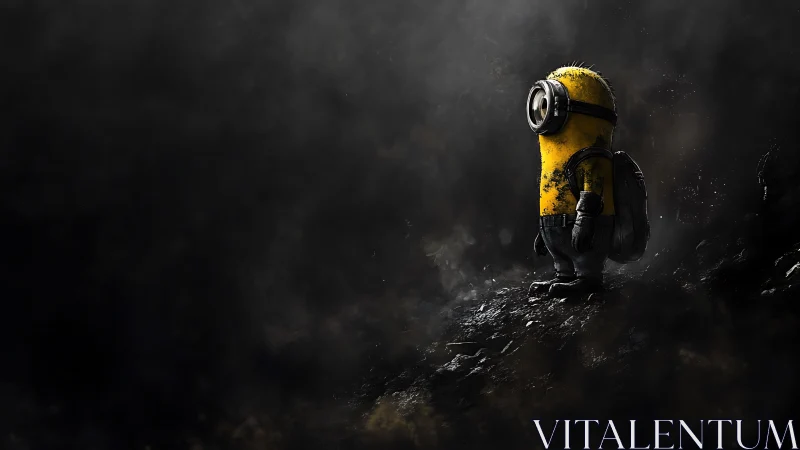 Lonely yellow explorer stands in smoky, post-apocalyptic gloom.