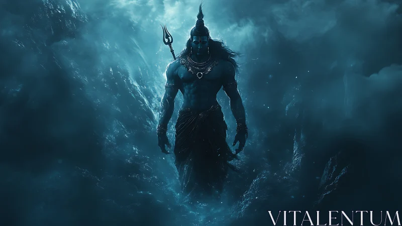 Digital painting of mythic warrior emerging through storm clouds.