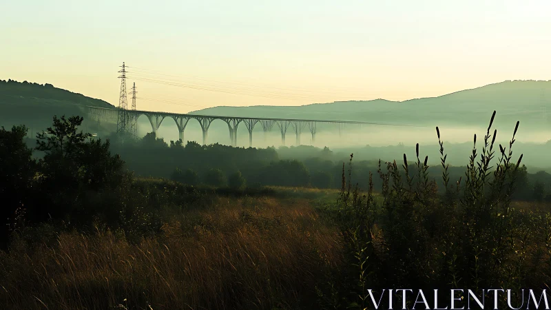 Mist-suspended viaduct whispering over a sleepy green valley.