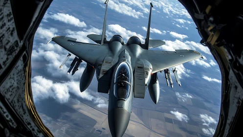 Tactical fighter jet framed from refueling aircraft viewport.