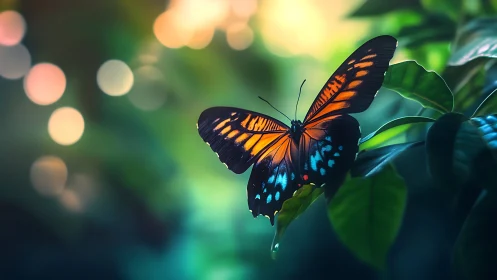Vibrant butterfly rests on dewy leaf in luminous bokeh forest.