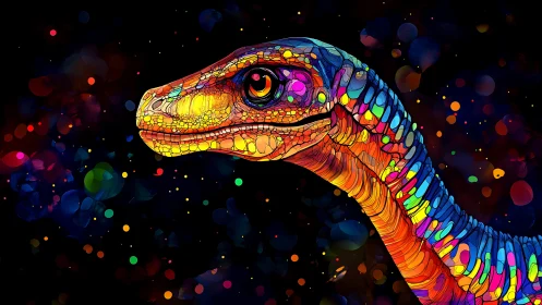 Prismatic dinosaur portrait glowing in cosmic neon night.