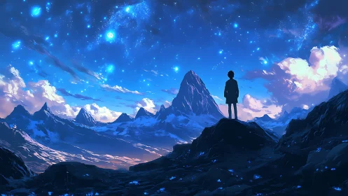 Silhouette observes starfield above digitally rendered peaks