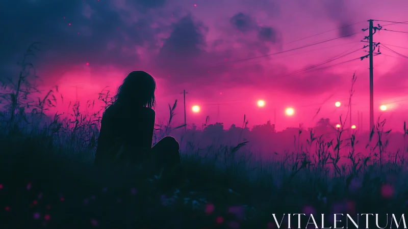 Silhouette in neon dusk field under glowing horizon lights.