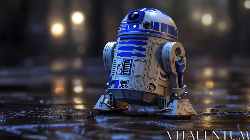 Starlit blue droid gliding across a rain-kissed alleyway.
