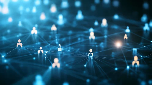 Digital network links glowing human icons over dark grid