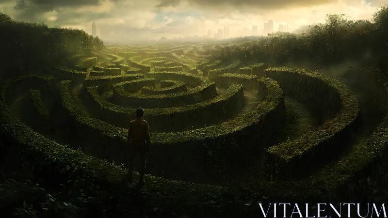 Solitary figure surveys vast misty hedge labyrinth at dusk.